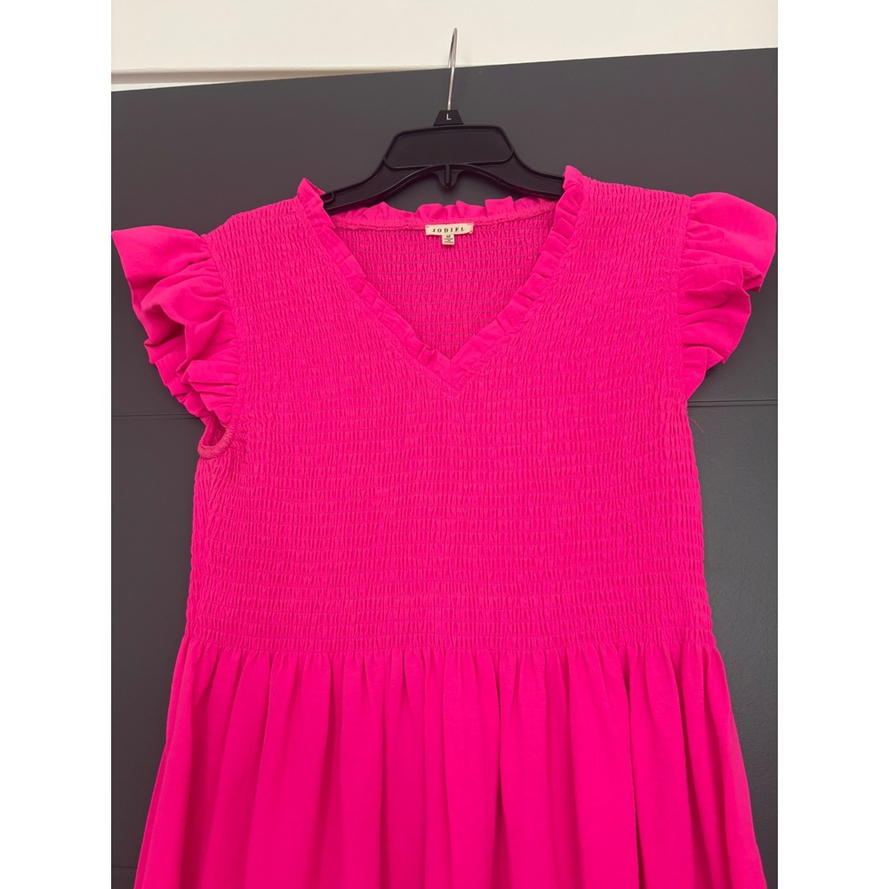Jodifl Hot Pink Smocked Mini Dress Ruffle Sleeve V-Neck G10265 Womens Medium - Picture 3 of 7